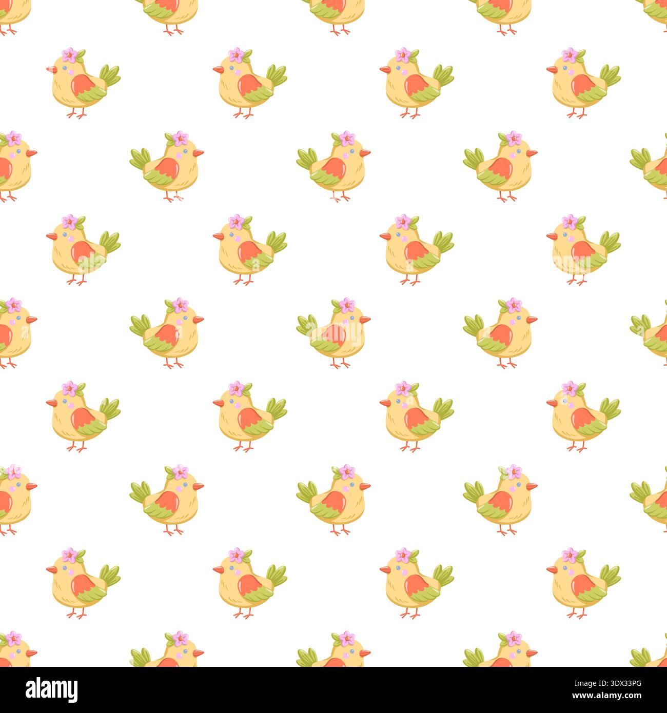 Seamless spring pattern with cute birds on white background. Cartoon vector print. Stock Vector