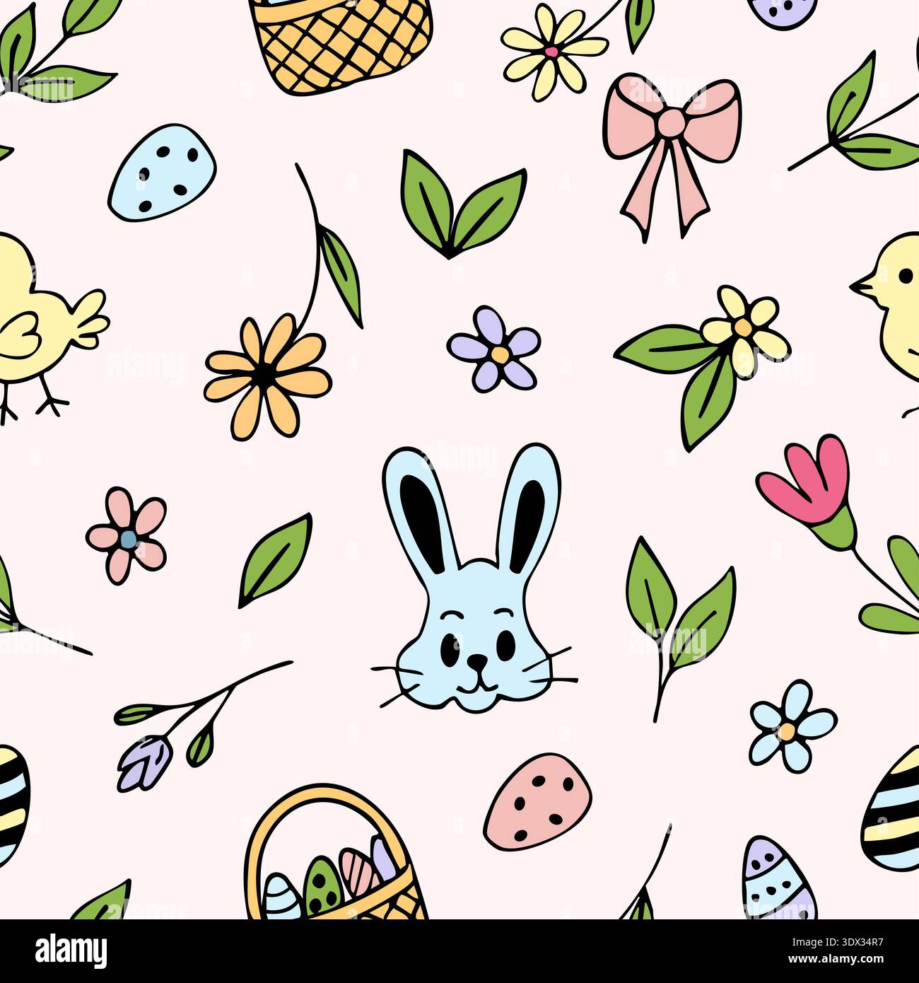 Seamless Easter doodle pattern with black outline on a pink background. Stock Photo