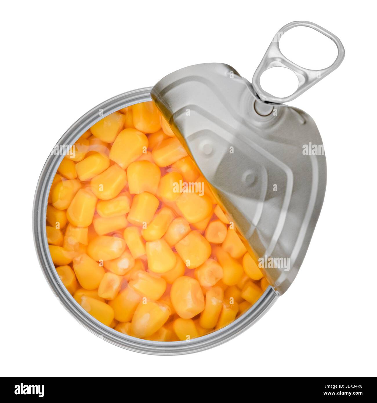 Canned corn in a tin can, isolate on white background. Stock Photo