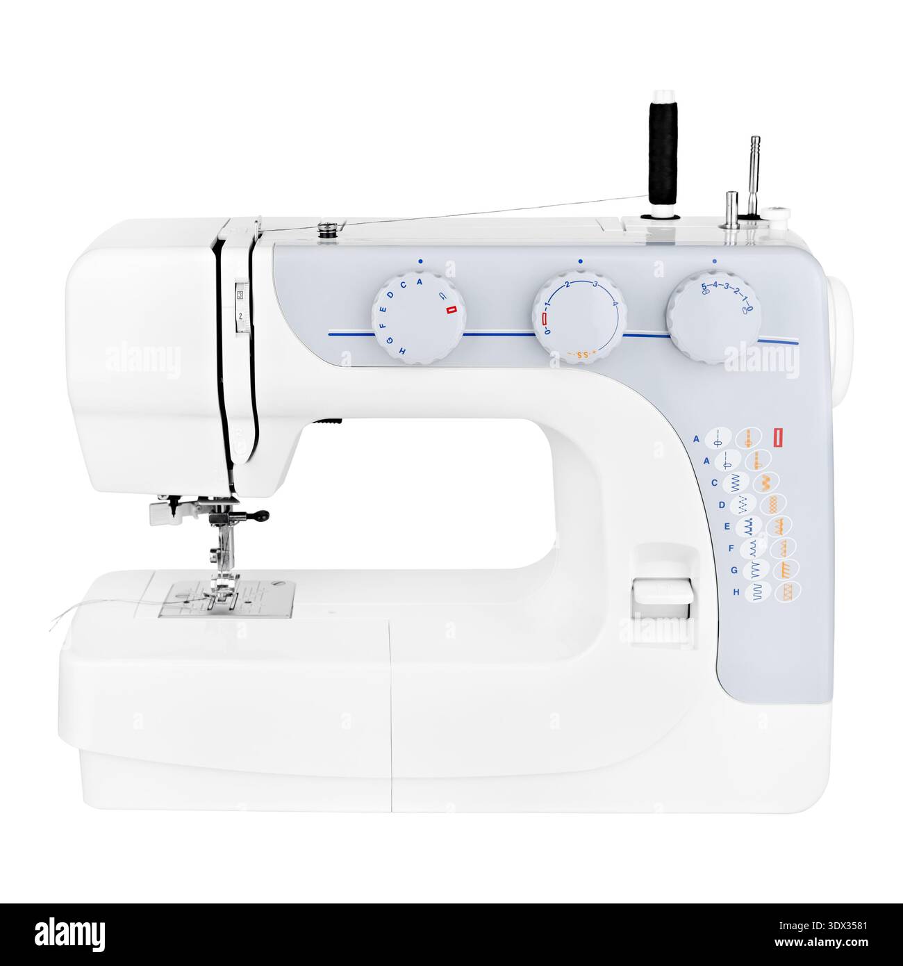 White sewing machine isolated on white background. Stock Photo