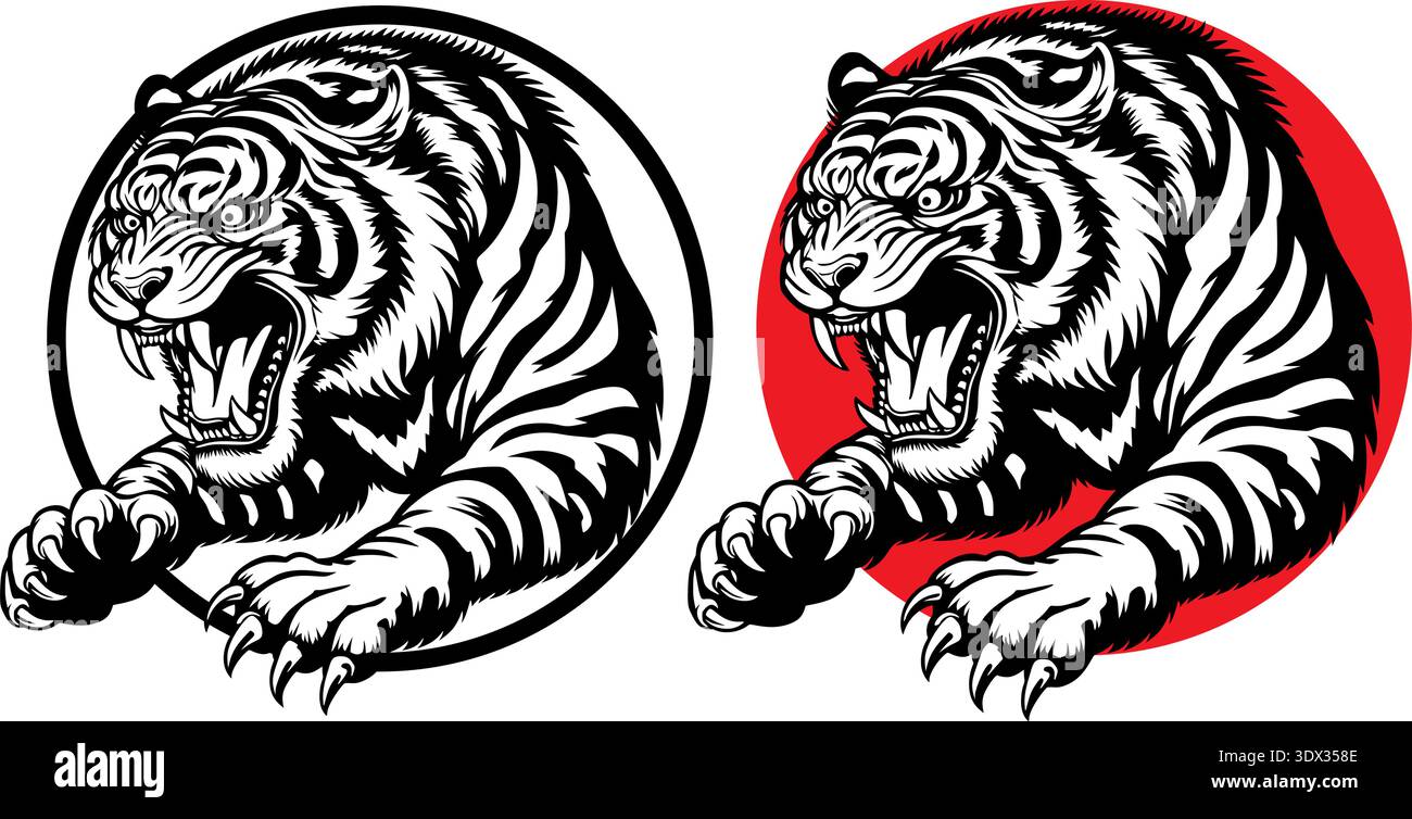 Aggressive tiger mascot vector illustration in two versions, black and white and red circle background, isolated on white. Stock Vector