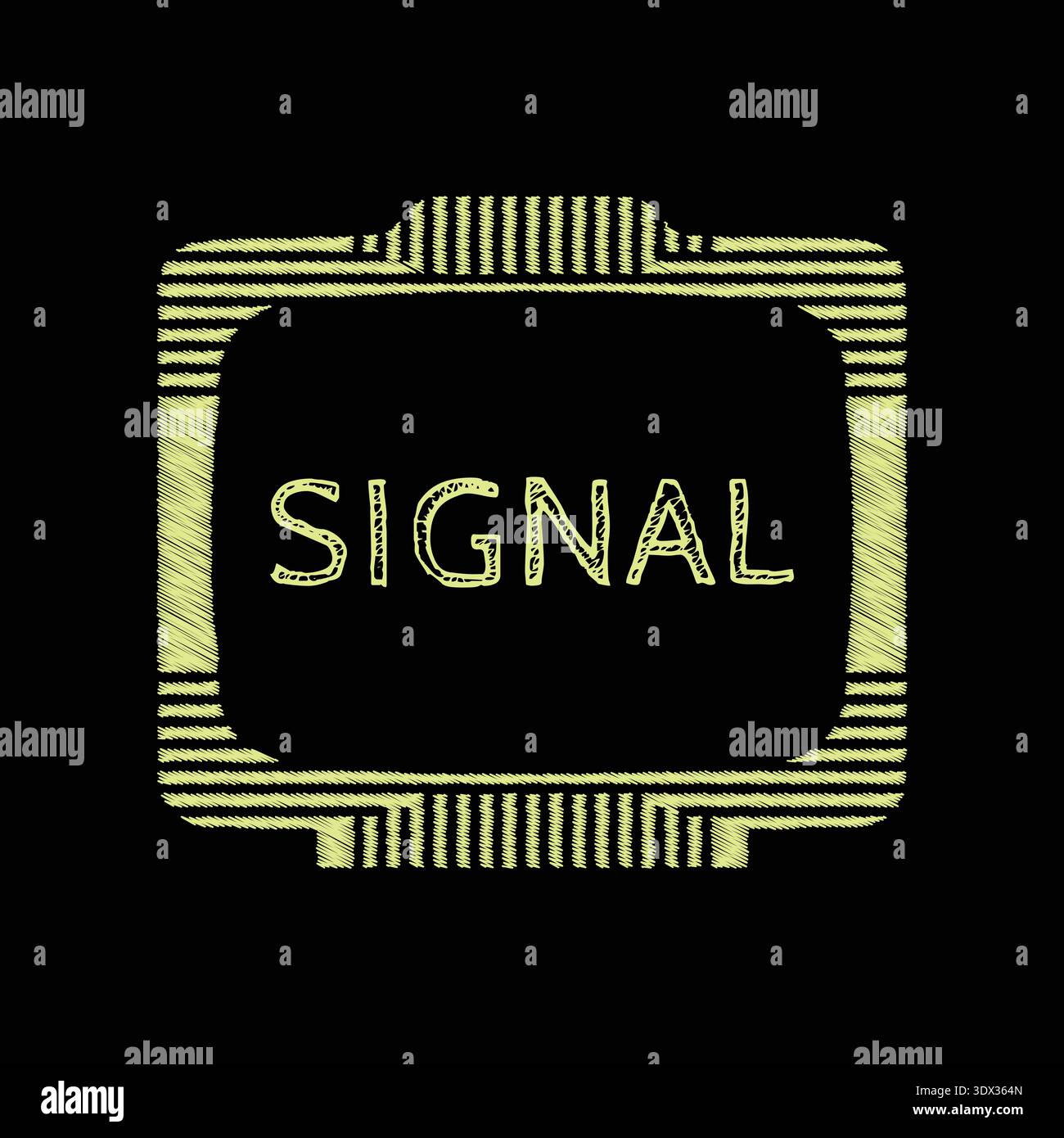 Dark screen like emblem with signal text centered inside a glowing striped frame Stock Vector