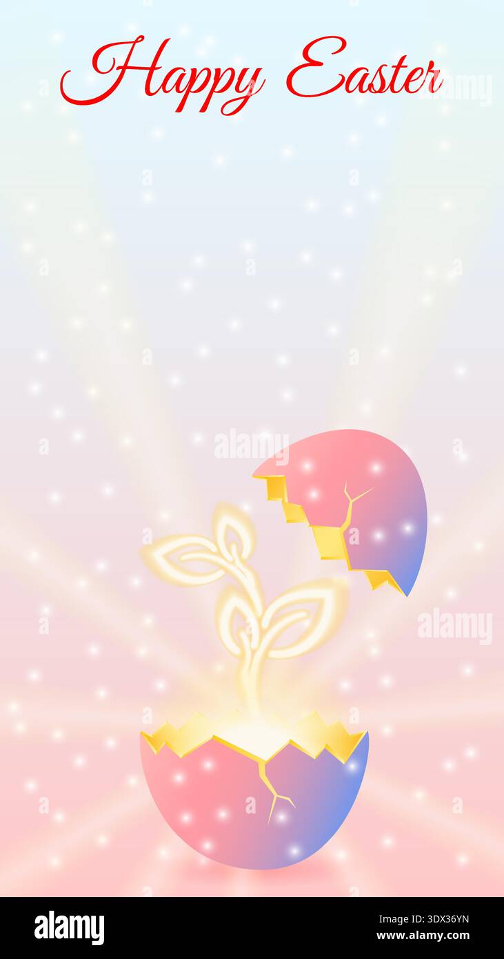 Easter vertical vector illustration featuring he concept of rebirth, with a glowing sprout growing from a cracked eggshell and copy space for text. Stock Vector