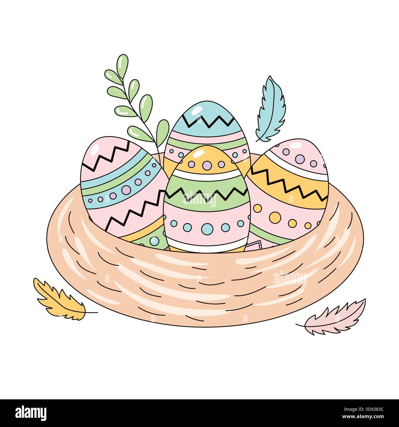Decorated pastel Easter eggs in a cozy nest with feathers vector Stock Vector