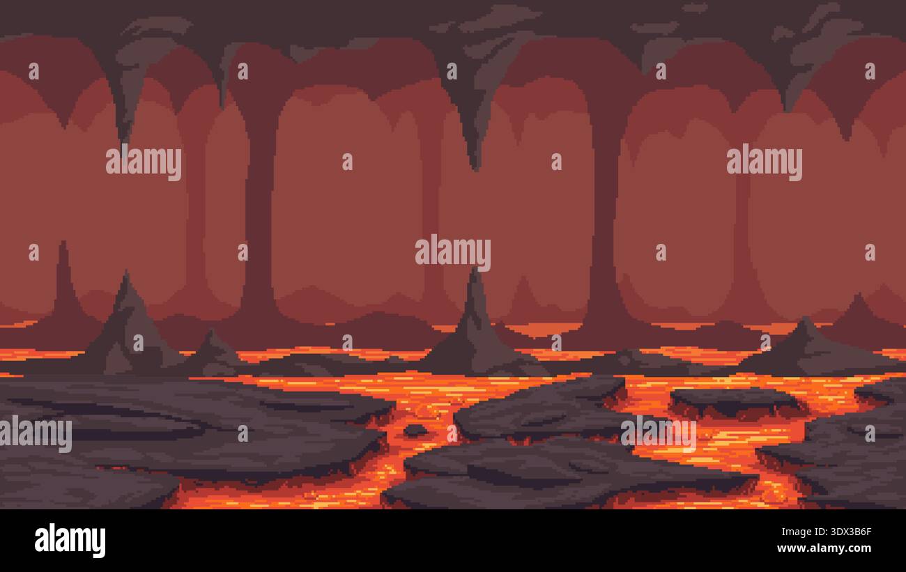 Pixel art lava cave landscape background Stock Vector