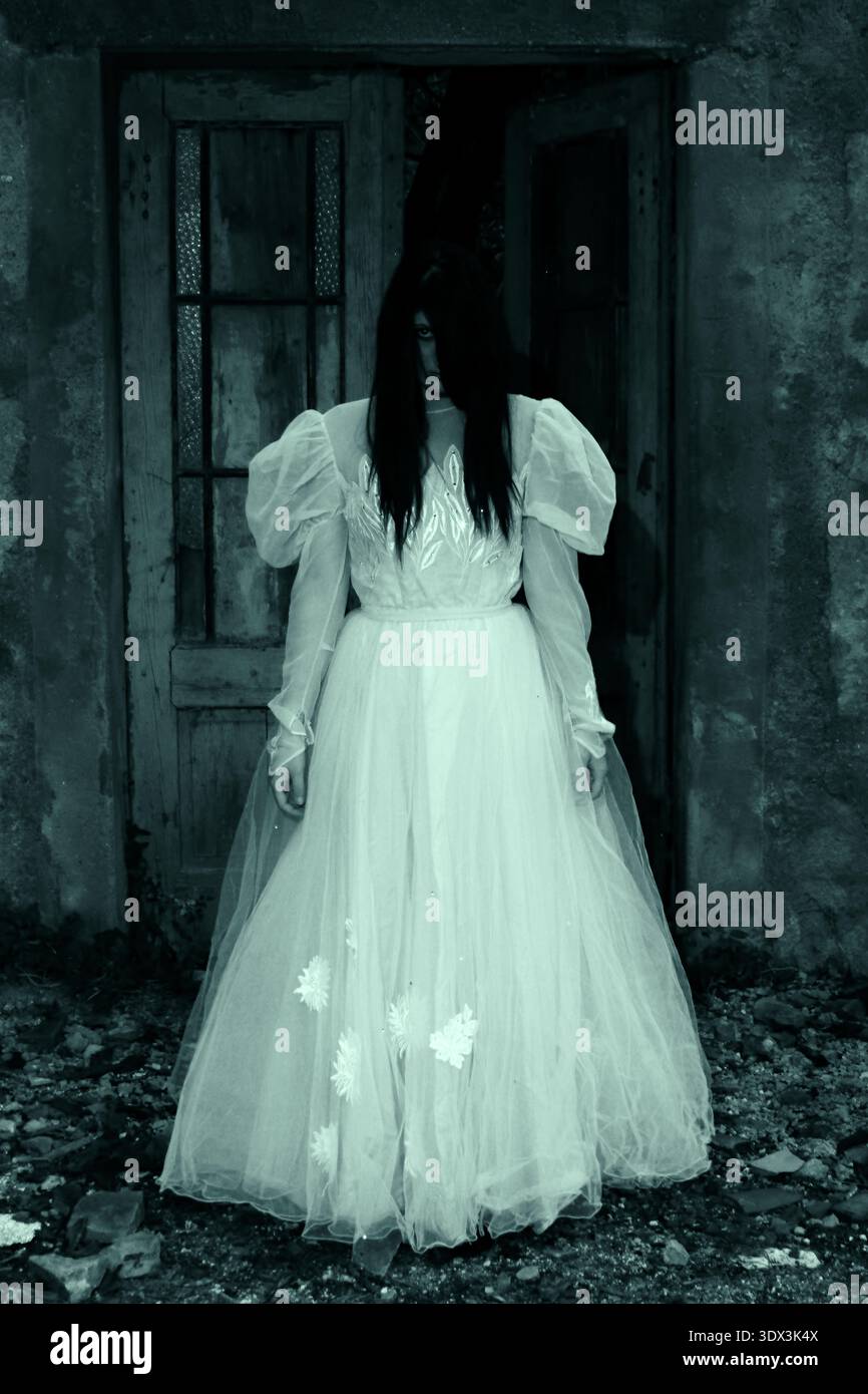 white dress lady scary A horror scene with a terrifying woman in a Stock Photo filter-neckline:Round