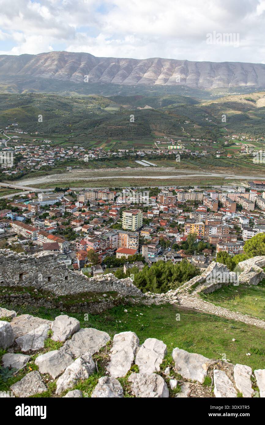 High-angle view of modern residential area as seen rom Berat Castle in Berat, Albania Stock Photo