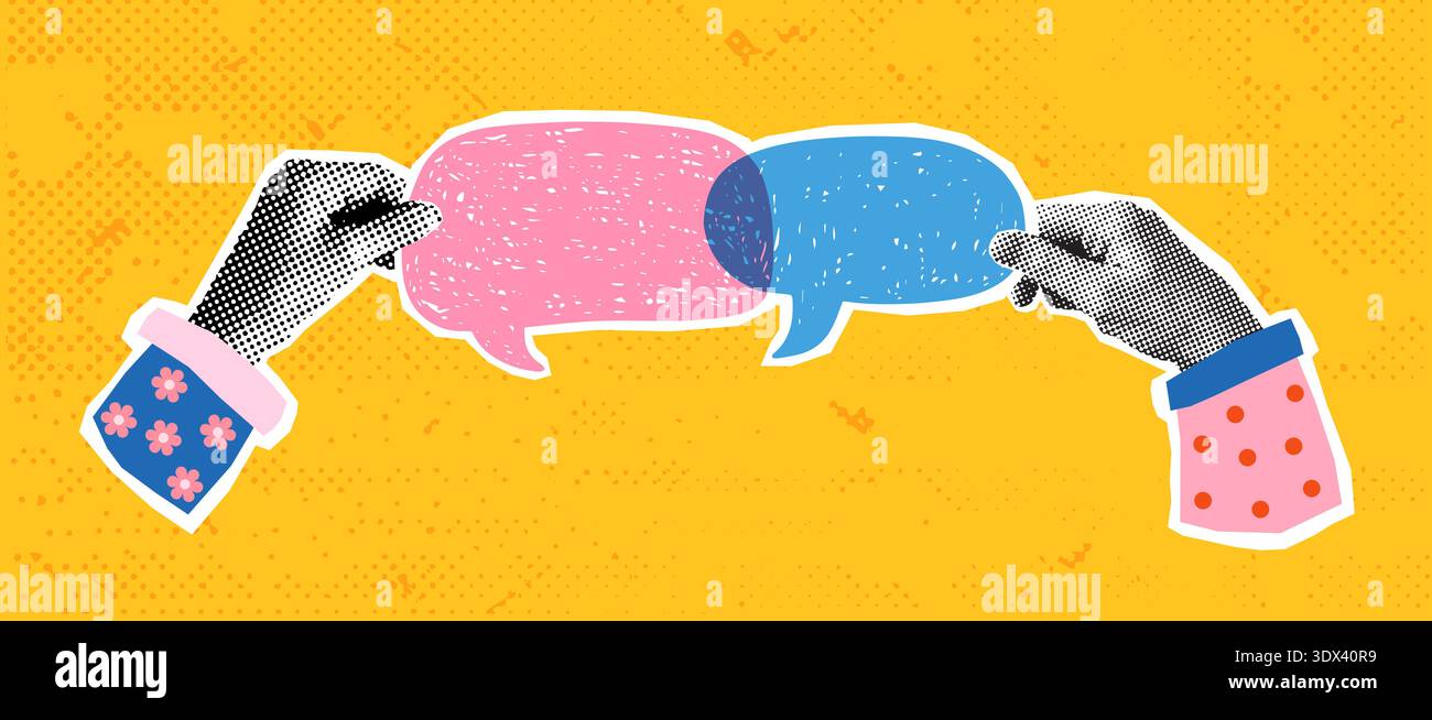 Halftone vector hands holding overlapping speech bubbles, Creative communication, conversation or teamwork business concept Stock Vector