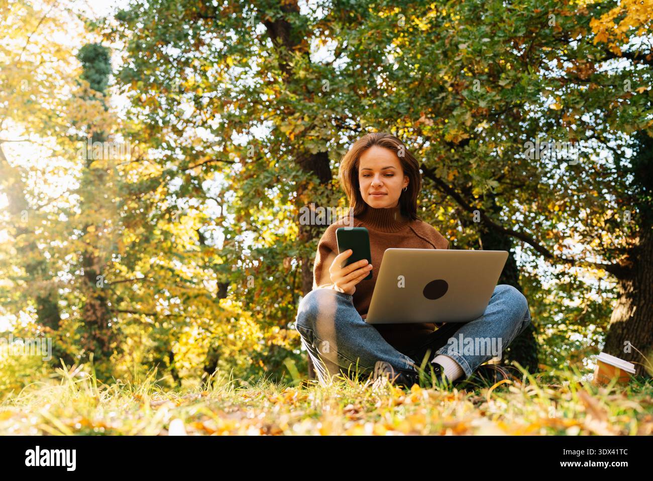 Young adult woman working outdoors in autumn park using laptop and smartphone while sitting on ground. Stock Photo