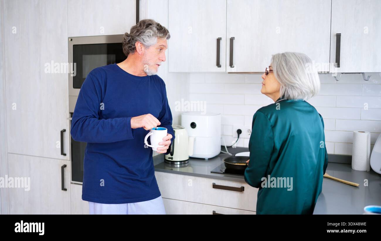Senior couple talking and cooking in modern kitchen Stock Photo