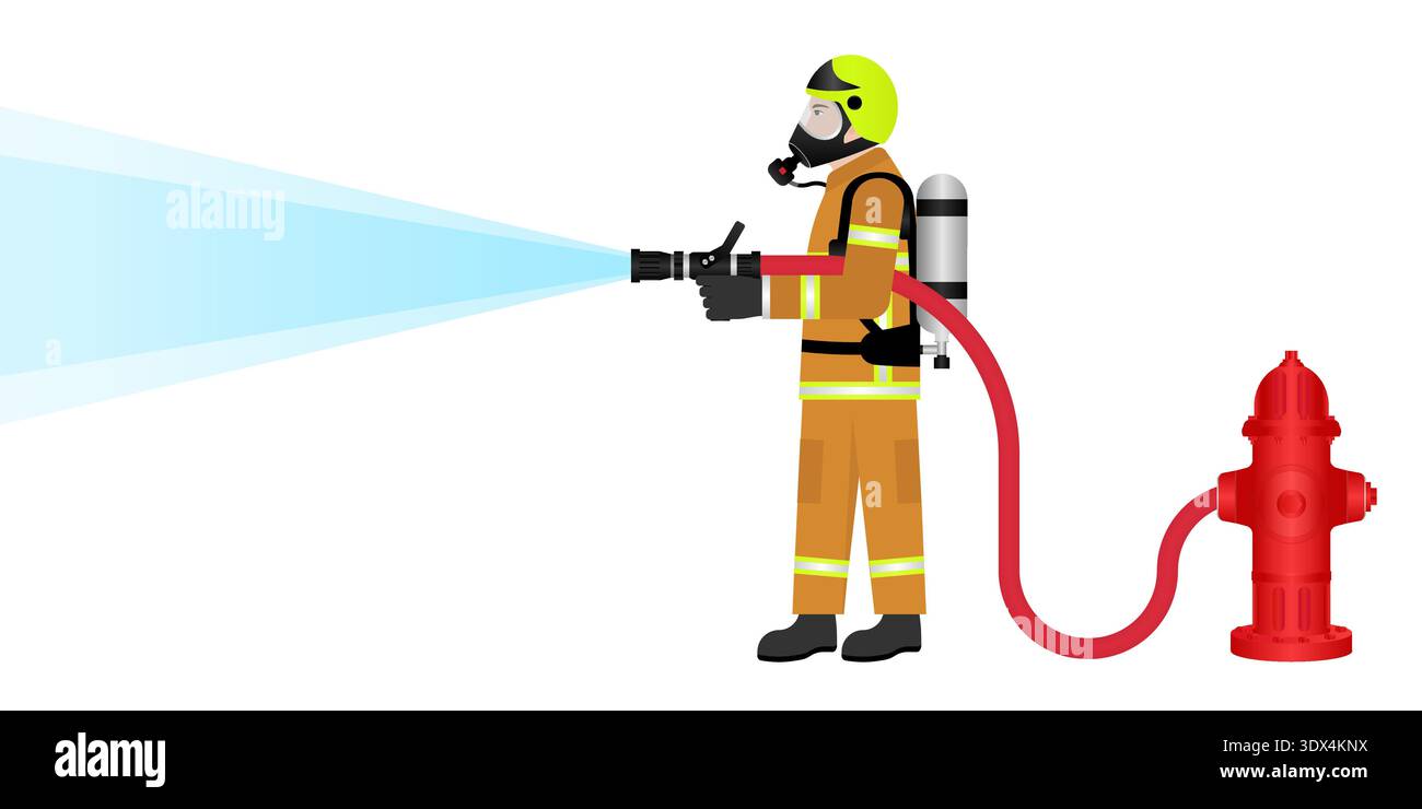 Firefighter with Red Hydrant. Vector Illustration Isolated on White Background. Stock Vector