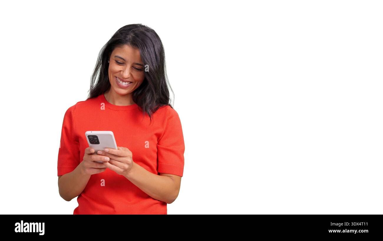 Woman smiling using smartphone transparent background Stock Photo