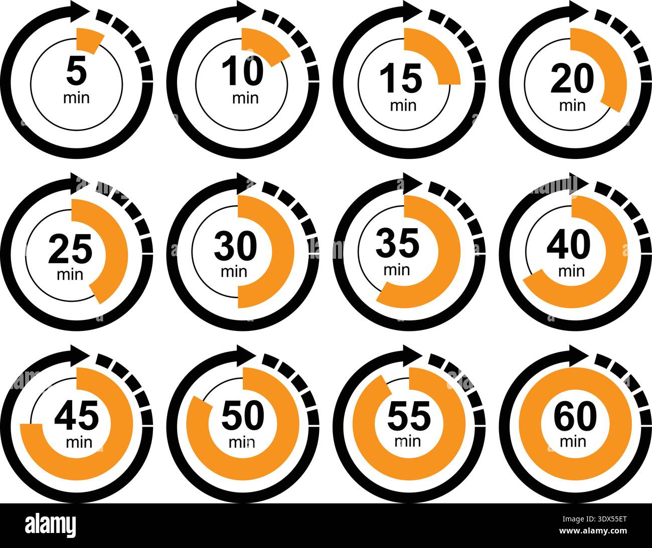 Circular Countdown Timer Icons Set from 5 to 60 Minutes with Progress ...