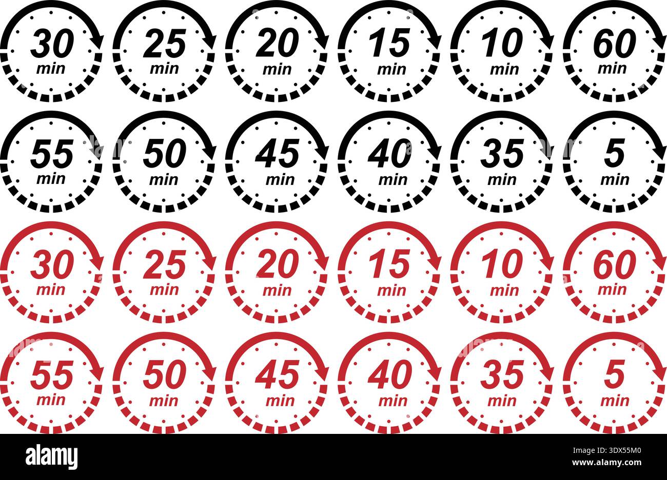 Countdown Timer Minute Icons Set with 5 to 60 Minute Time Labels and ...