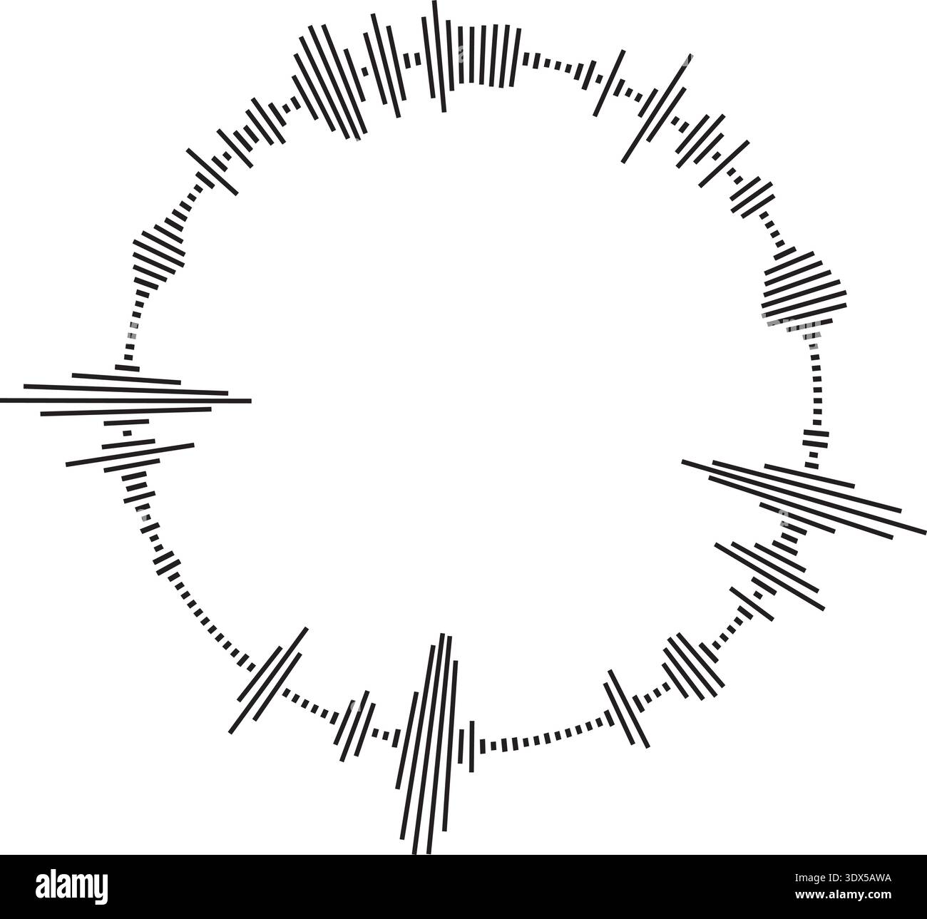 Vector circular sound wave pattern. Radial audio waveform illustration. Round equalizer with peaks. Stock Vector