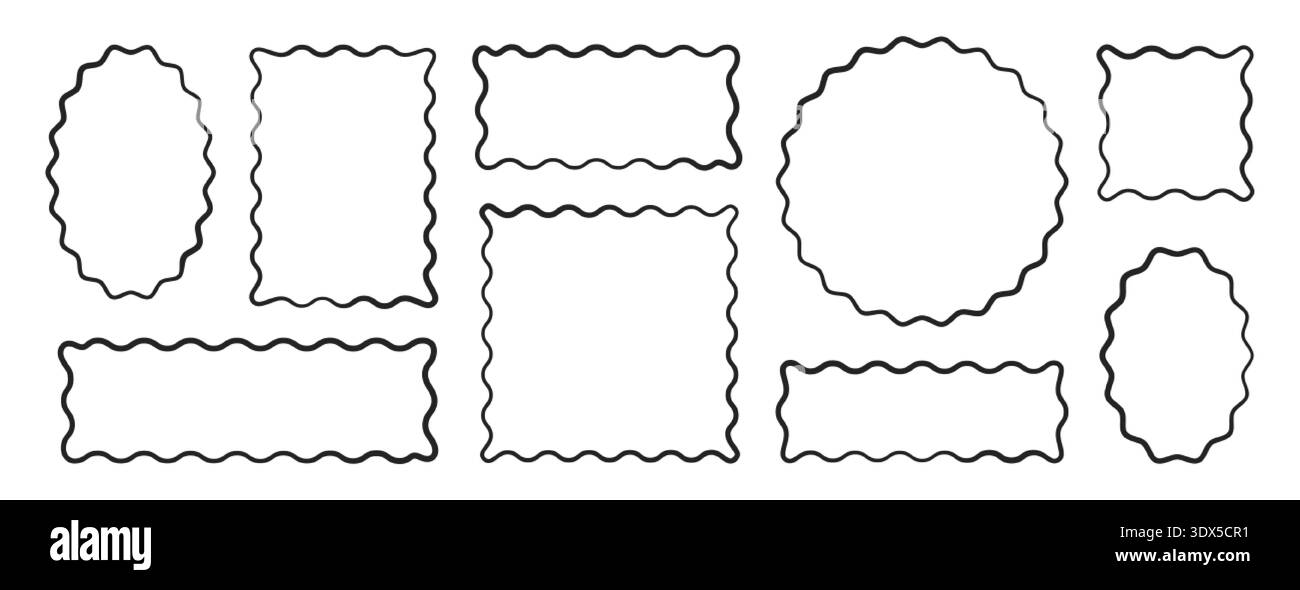 Hand drawn scallop wiggly edge frame different geometric shape. Black ...