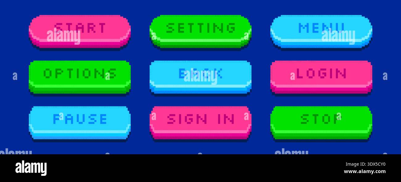 Colorful pixel art 8bit start, pause, back and sign in buttons vector ...