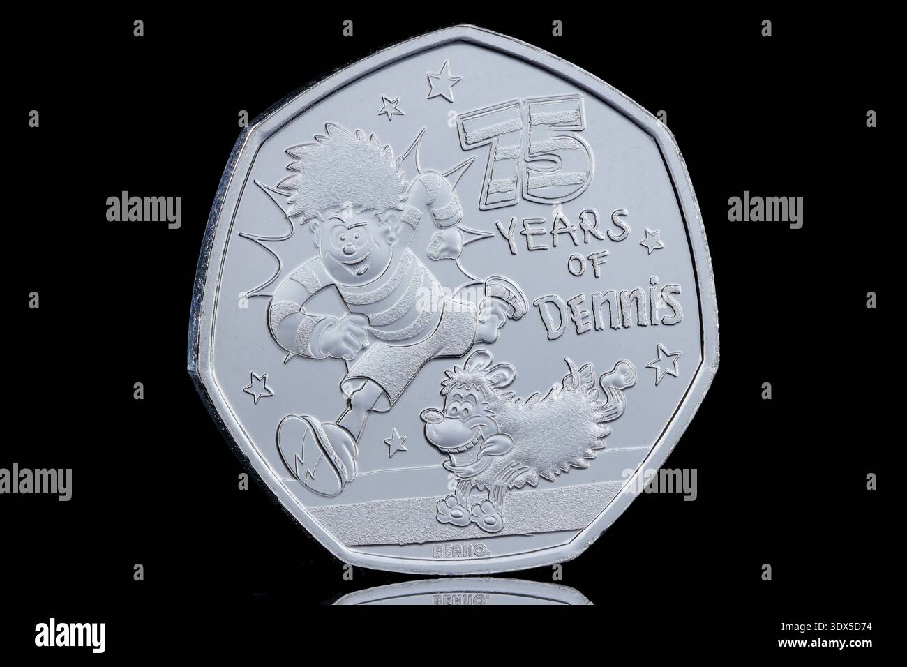 2026 UK 50p coin issued to commemorate the 75th anniversary of Dennis The Menace from the Beano comic. Stock Photo
