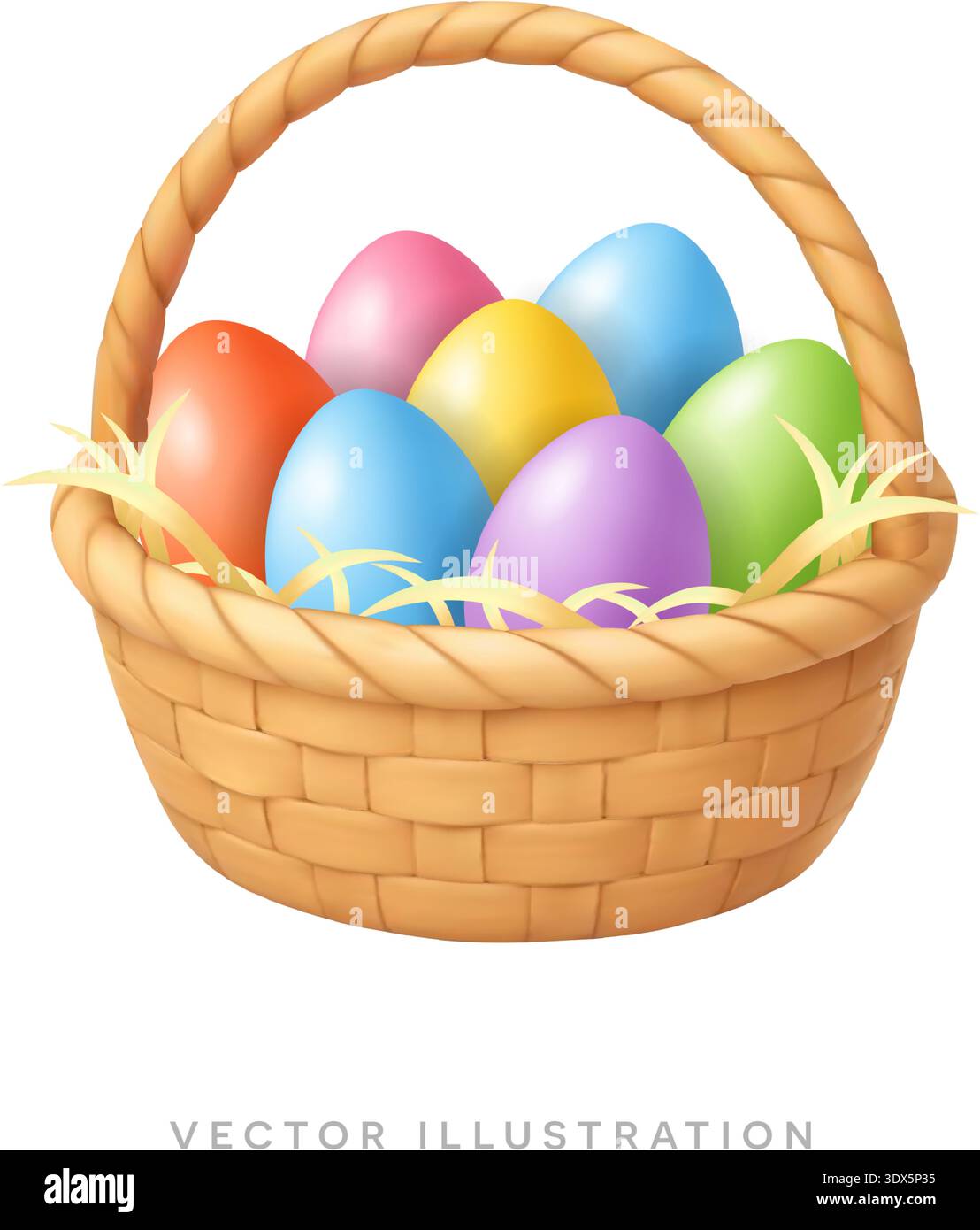 Easter basket with colorful eggs in woven wicker. Bright spring holiday ...