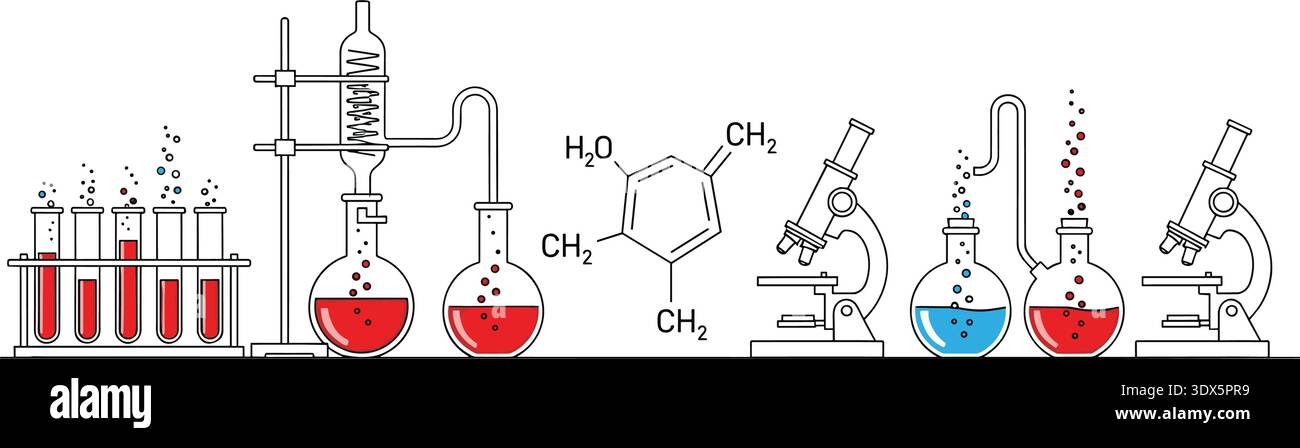 Chemistry Laboratory Equipment Line Art, Test Tubes, Flasks, Microscope ...