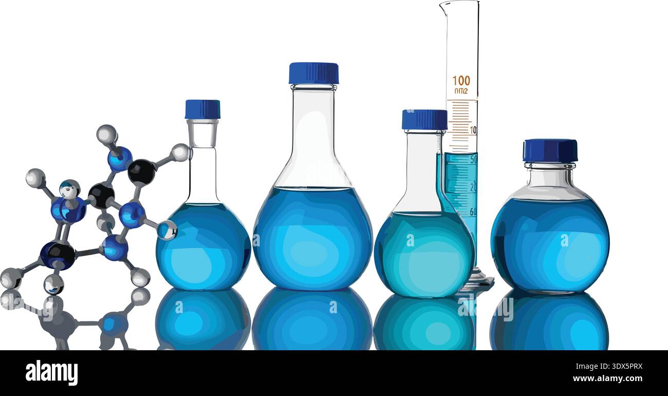Chemistry Laboratory Glassware Display, Blue Liquid Flasks and ...