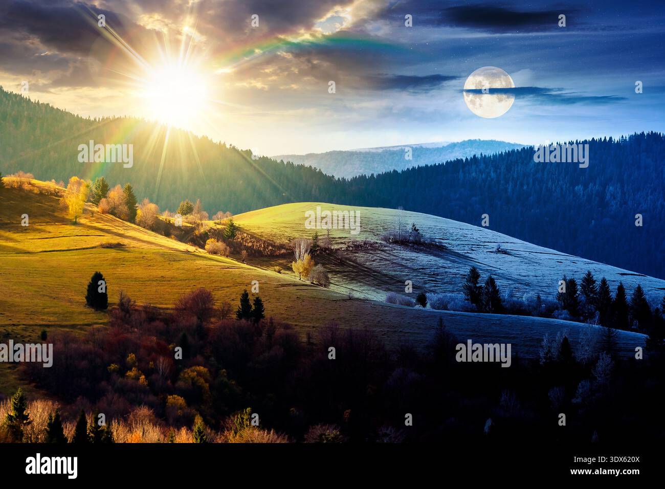 autumn landscape of rural region in mountains. day and night time change concept. rolling hills with green alps with sun and moon. serene countryside Stock Photo