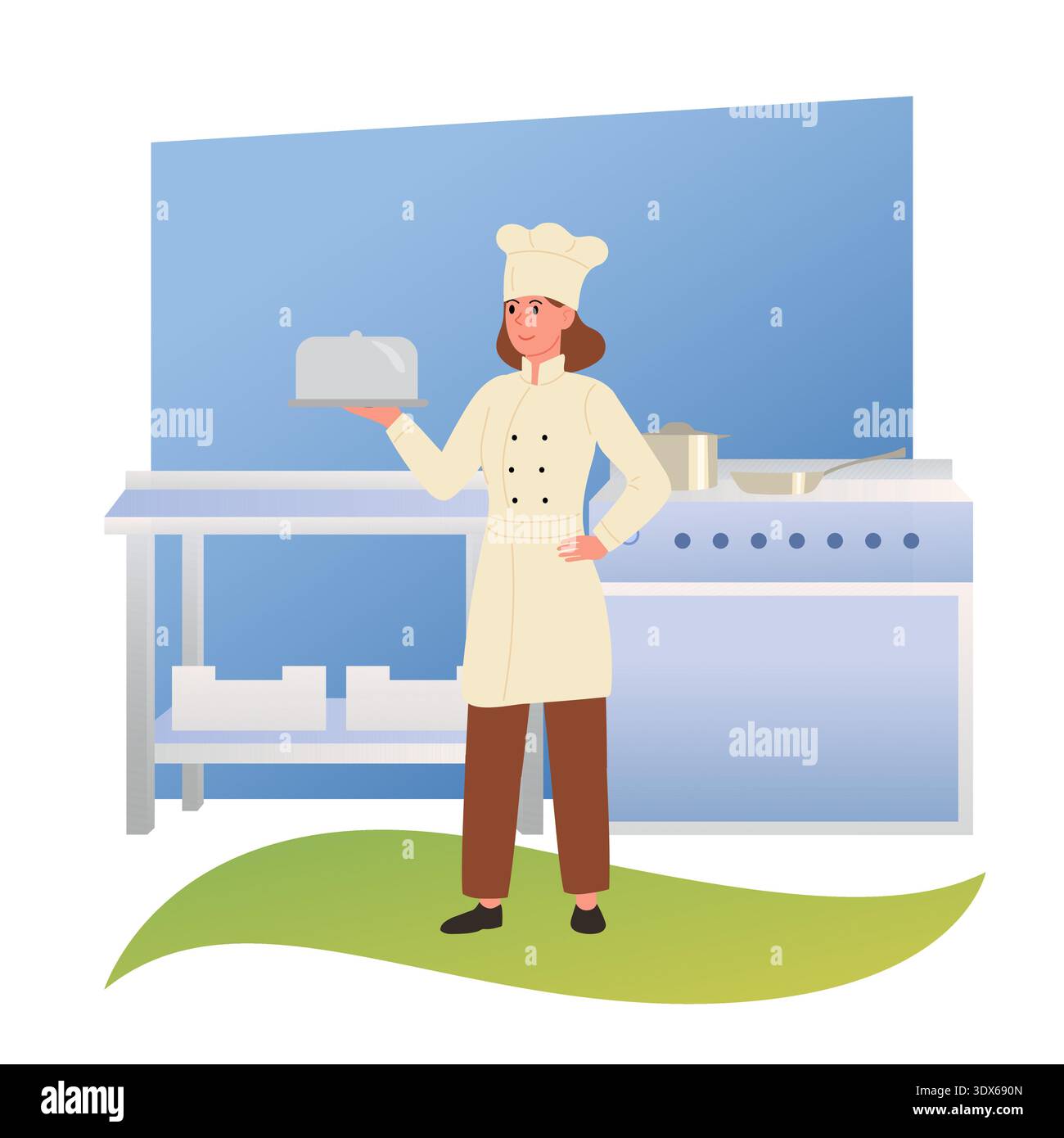 Chef professional in his kitchen near stove. Finished dish is on tray with lid. Special order from chef. Flat vector illustration Stock Vector