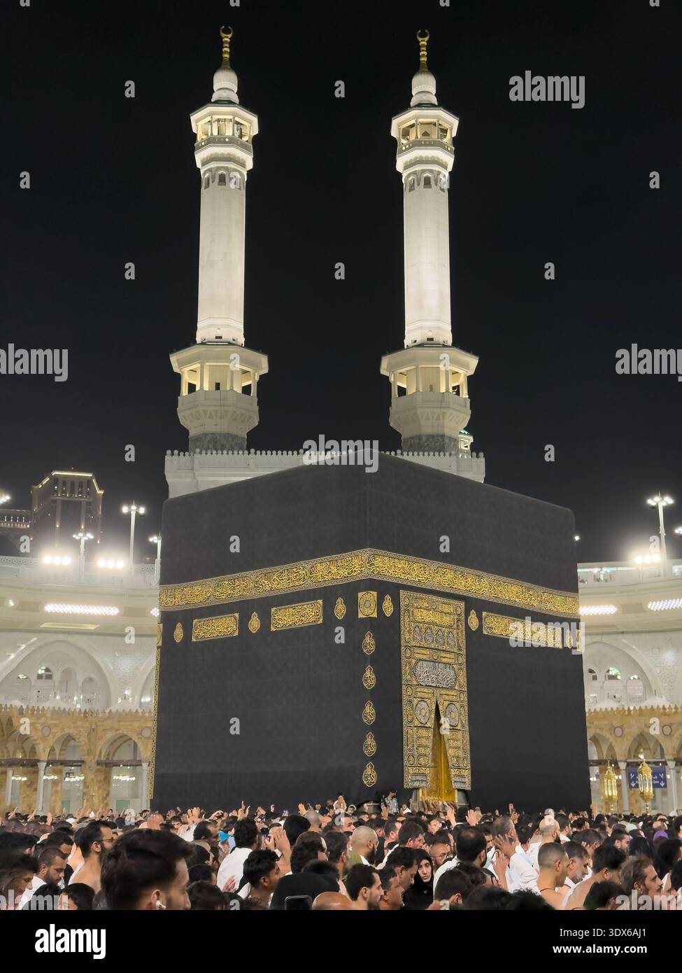 Pilgrims Gathered Around The Kaaba In Mecca At Night During Hajj And 
