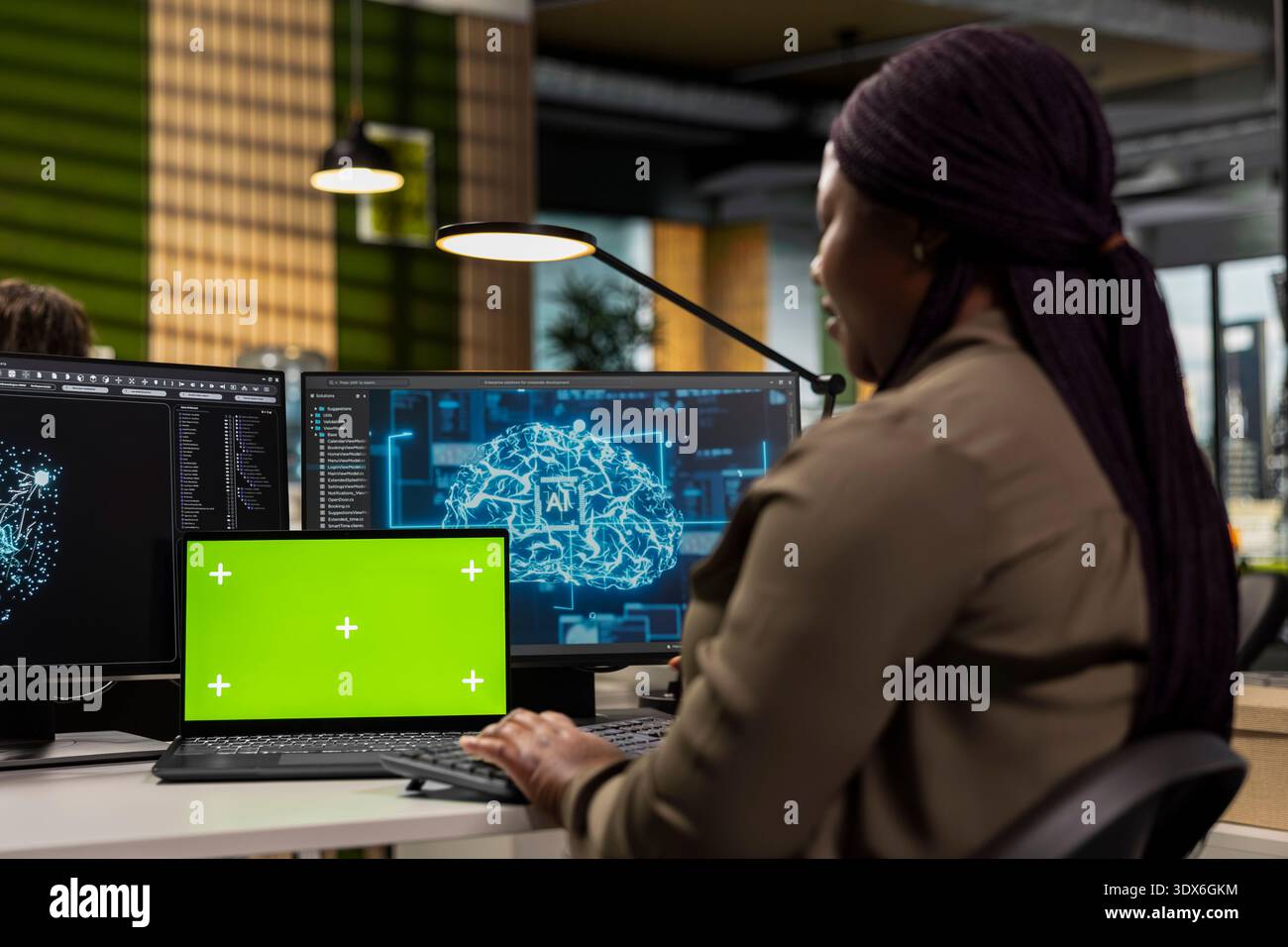 Isolated screen laptop used by software developer running AI algorithms in startup workspace. IT expert using artificial intelligence deep learning coding platform on mockup notebook Stock Photo
