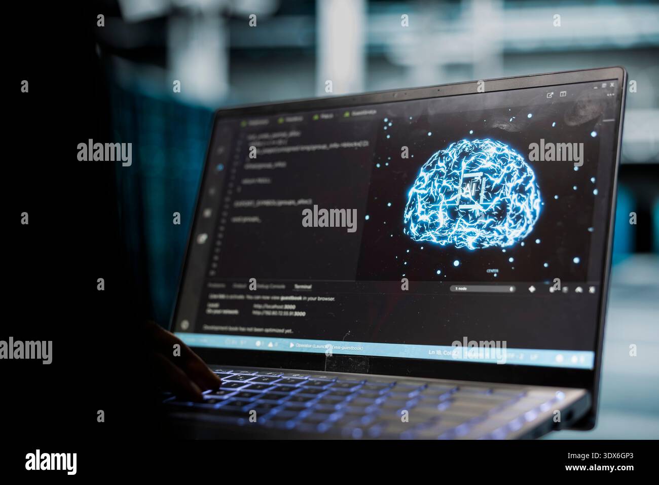 Developer uses AI technology to do checkup on data center electronics processing datasets. Server hub worker uses artificial intelligence to do backup on gear used by cloud storage hosting companies Stock Photo