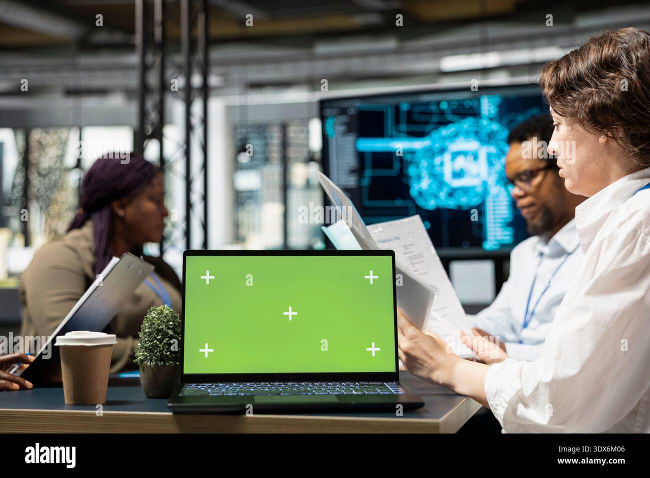 Isolated screen laptop used by software developers doing brainstorming to create AI models. IT experts cooperating on large language model artificial intelligence project using mockup notebook Stock Photo
