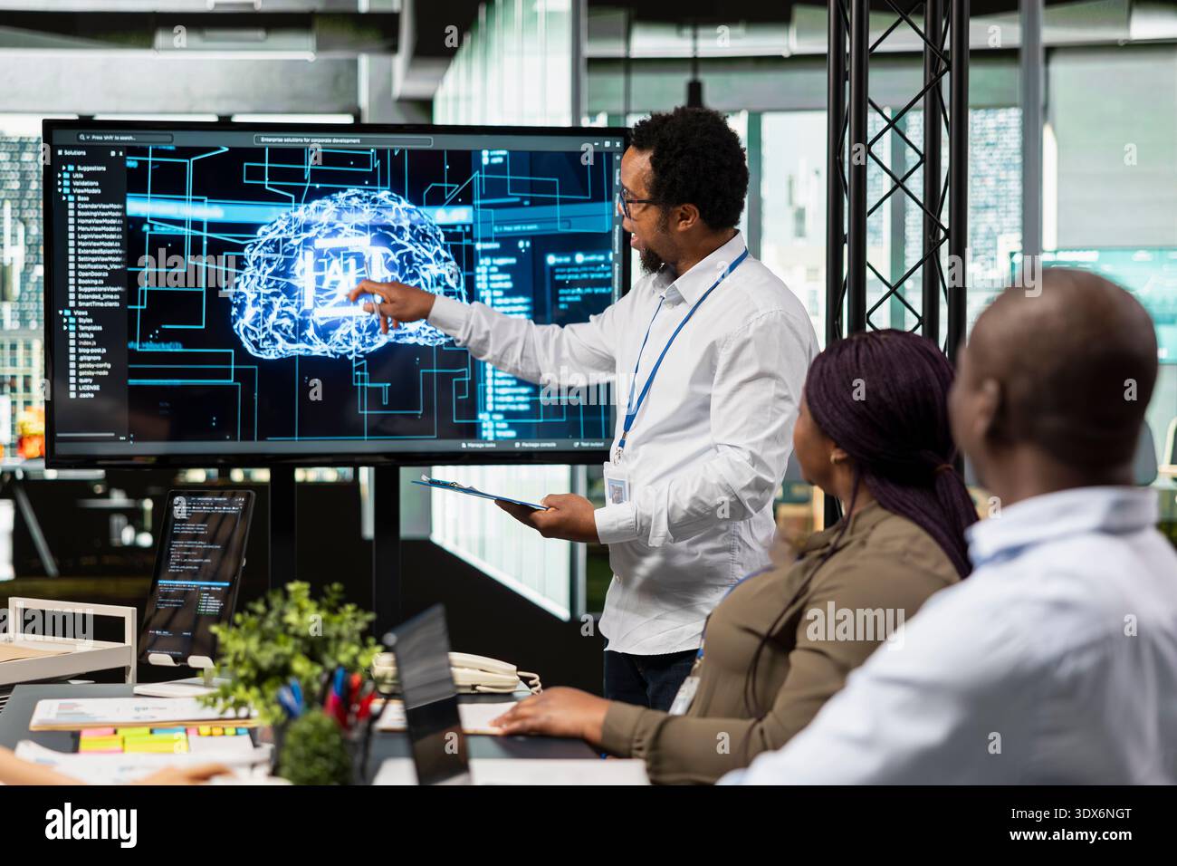 Startup coworkers discussing artificial intelligence tech roadmap during briefing session. Programmers developing AI applications in office, analyzing system performance metrics after QA testing Stock Photo