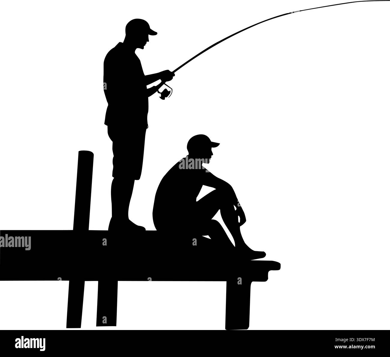 Two Men Fishing on Dock Silhouette Vector Stock Vector