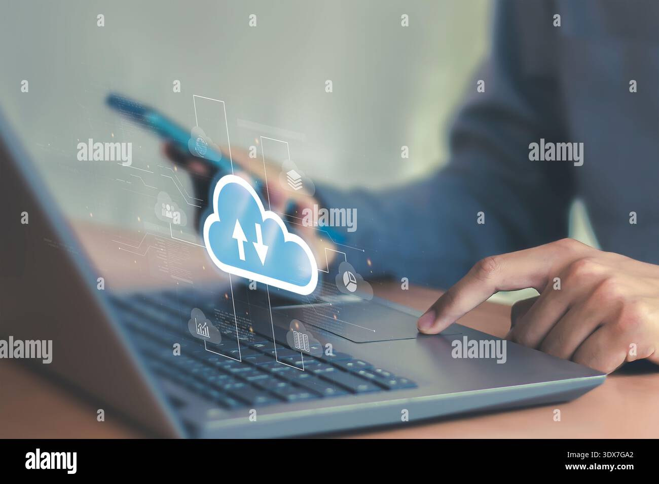 cloud computing shown in hand cloud technology data storage, data transfer, network and internet service concept Stock Photo
