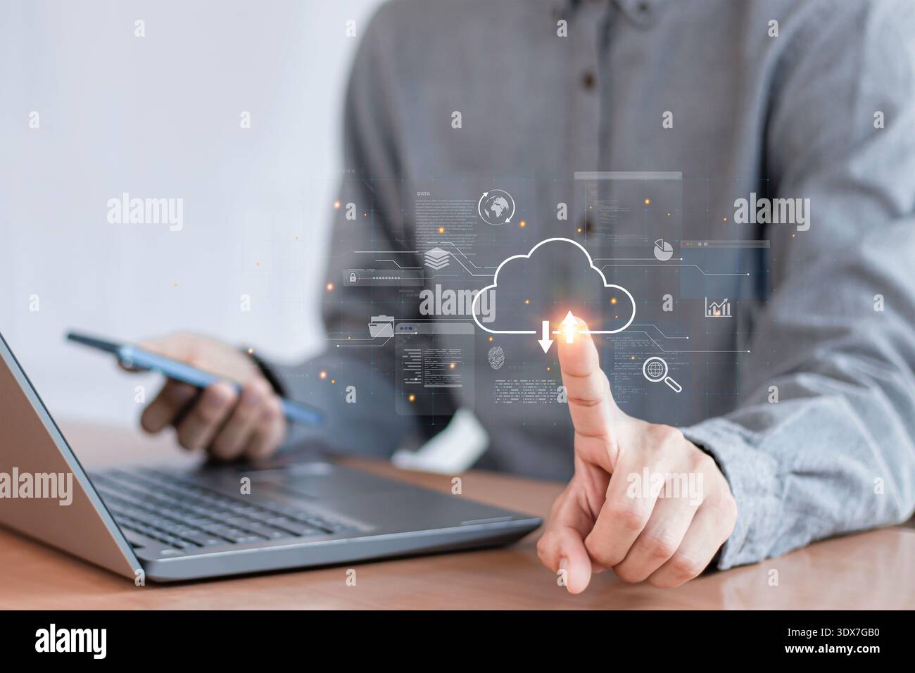 cloud computing shown in hand cloud technology data storage, data transfer, network and internet service concept Stock Photo