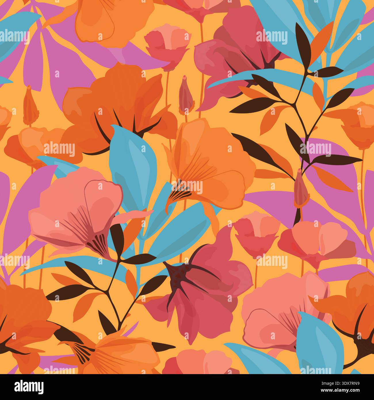 Vector floral seamless pattern. Orange, red, pink flowers Stock Vector