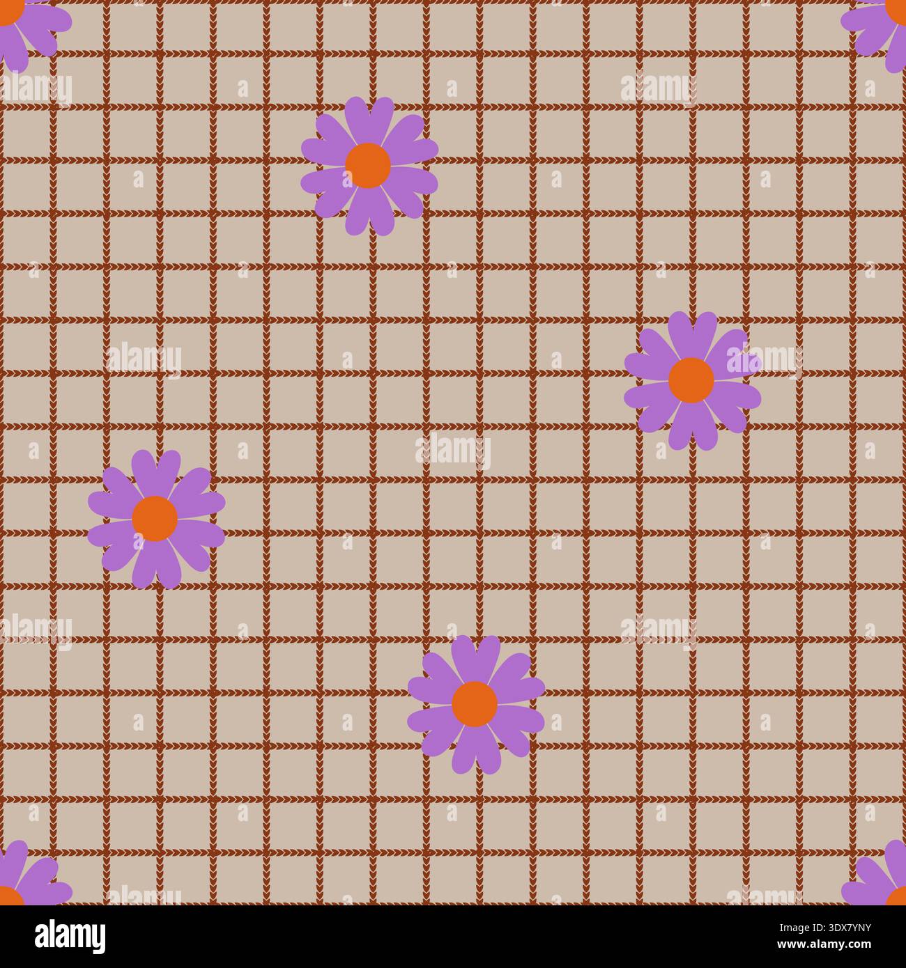Purple Daisy Plaid Retro Fabric Pattern Stock Vector