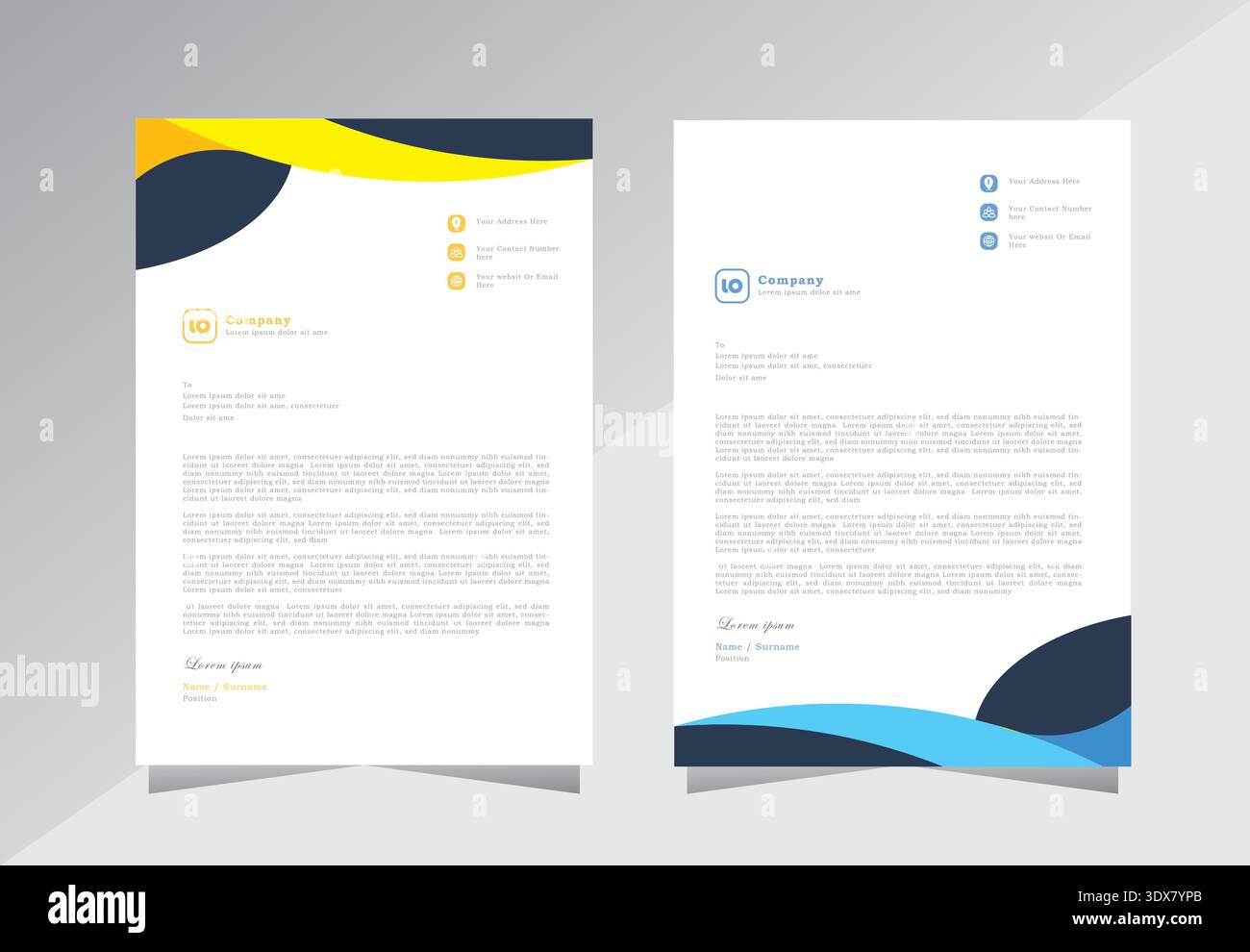 Professional Letterhead Template Set, A4 letterhead, Business letterhead design. corporate modern letterhead design template with yellow and blue. Stock Vector