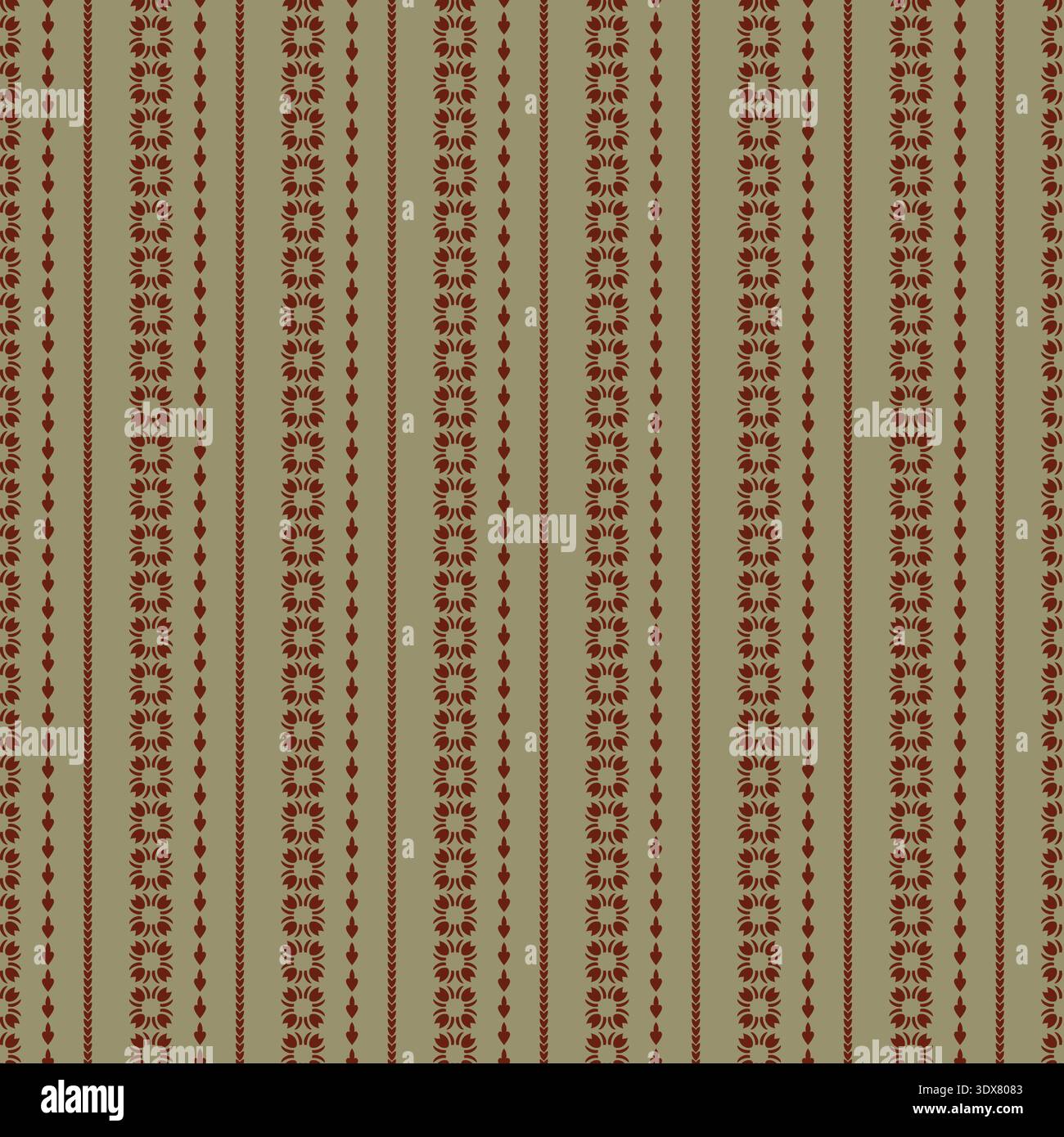 Linear Folk Floral Stripe Sage Pattern Stock Vector