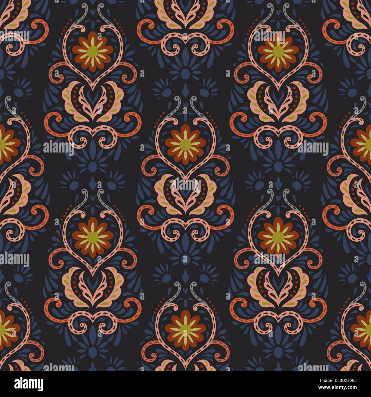 Moody Charcoal Boho Floral Damask Pattern Stock Vector