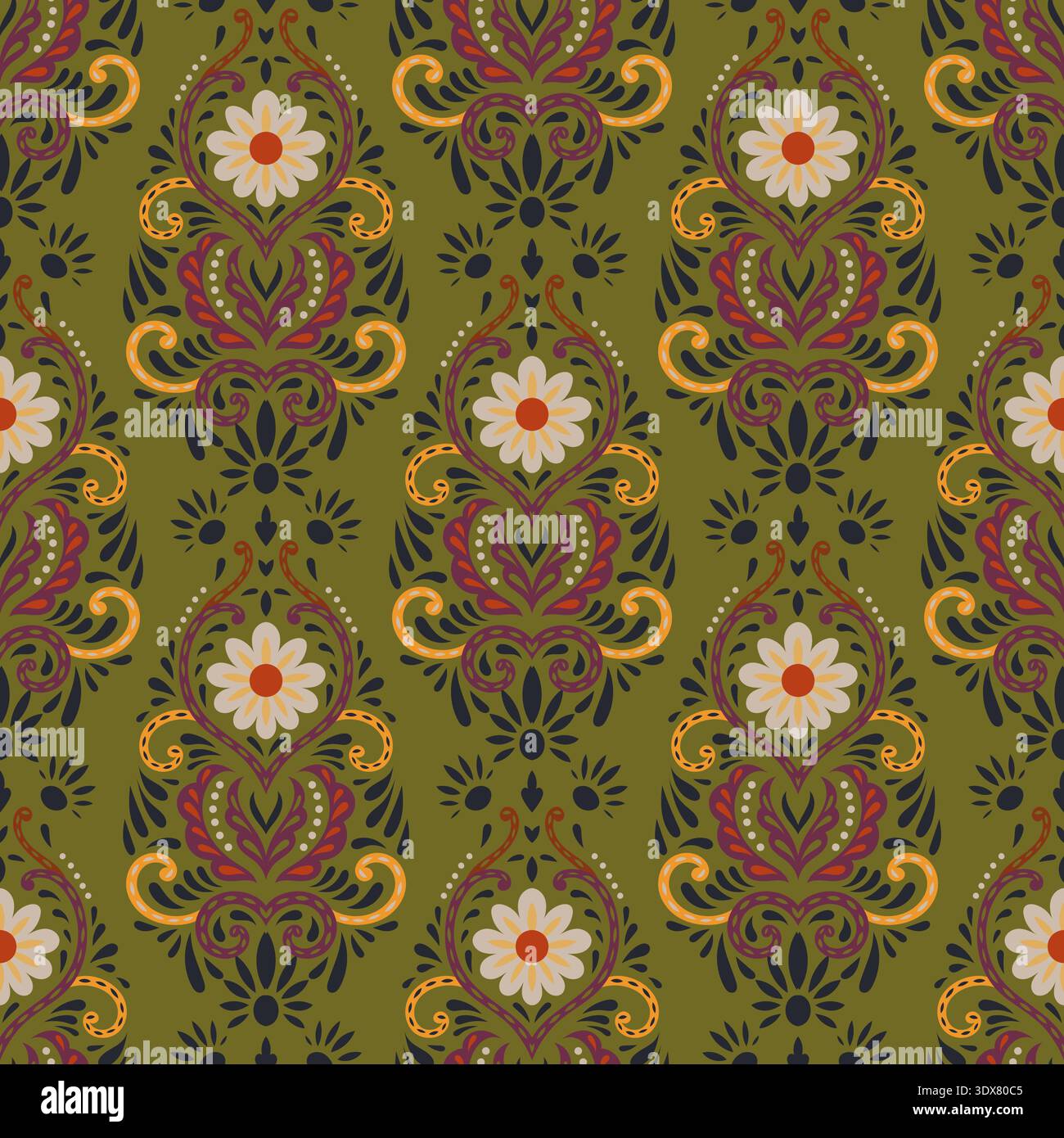 Olive Garden Boho Floral Damask Pattern Stock Vector