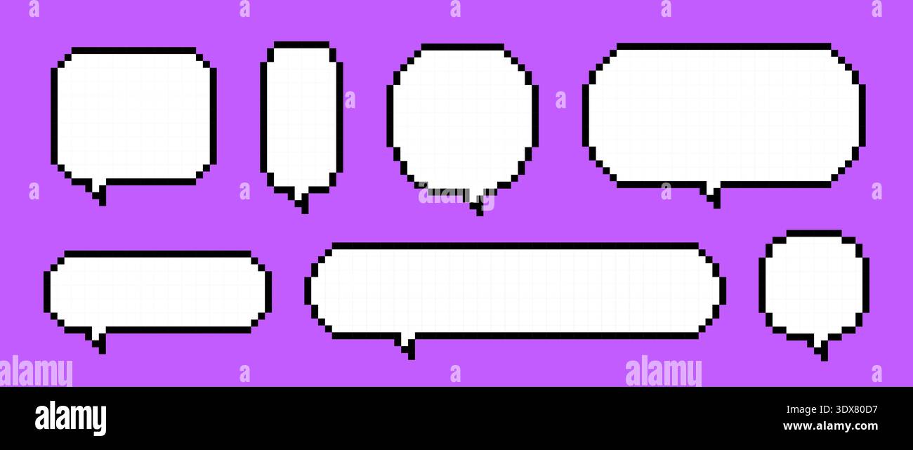 Empty pixel text box set. Various pixelated chat frame collection. Retro 8 bit border shape pack for speach box bubble, message cloud, communication dialog, talk balloon. Vector illustration bundle Stock Vector