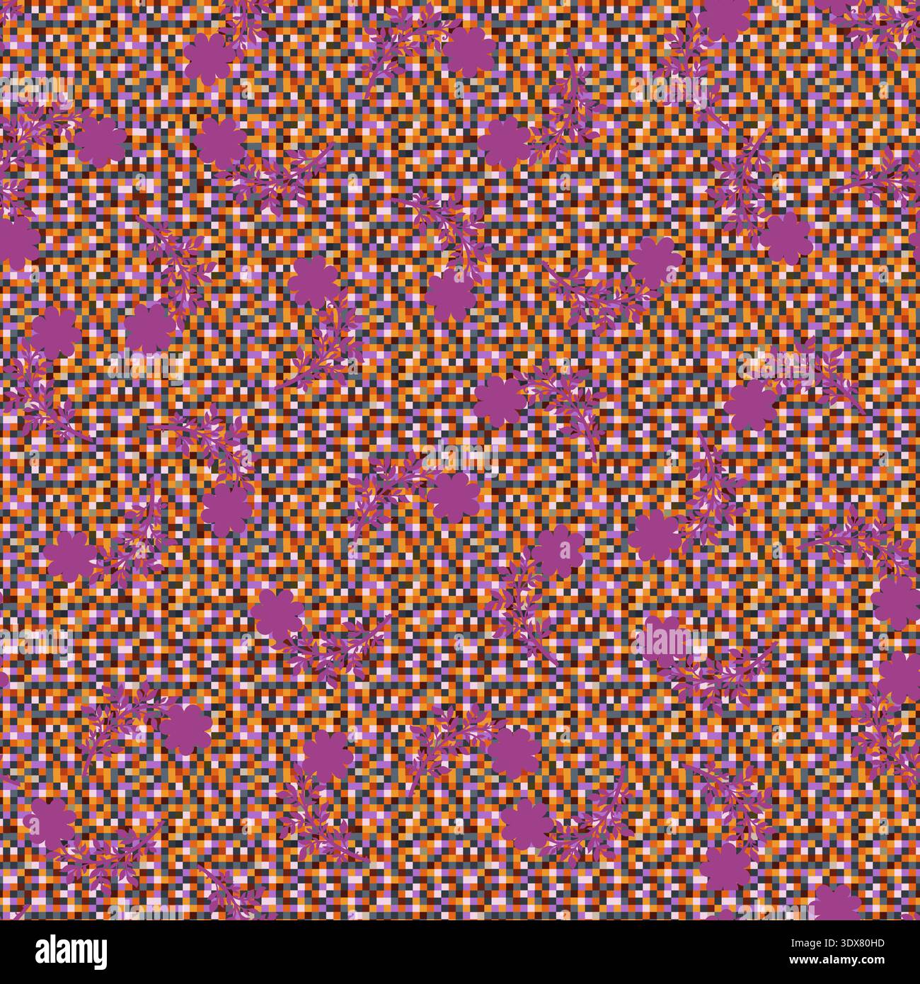Eclectic Floral Pixel Grid Fusion Pattern Stock Vector