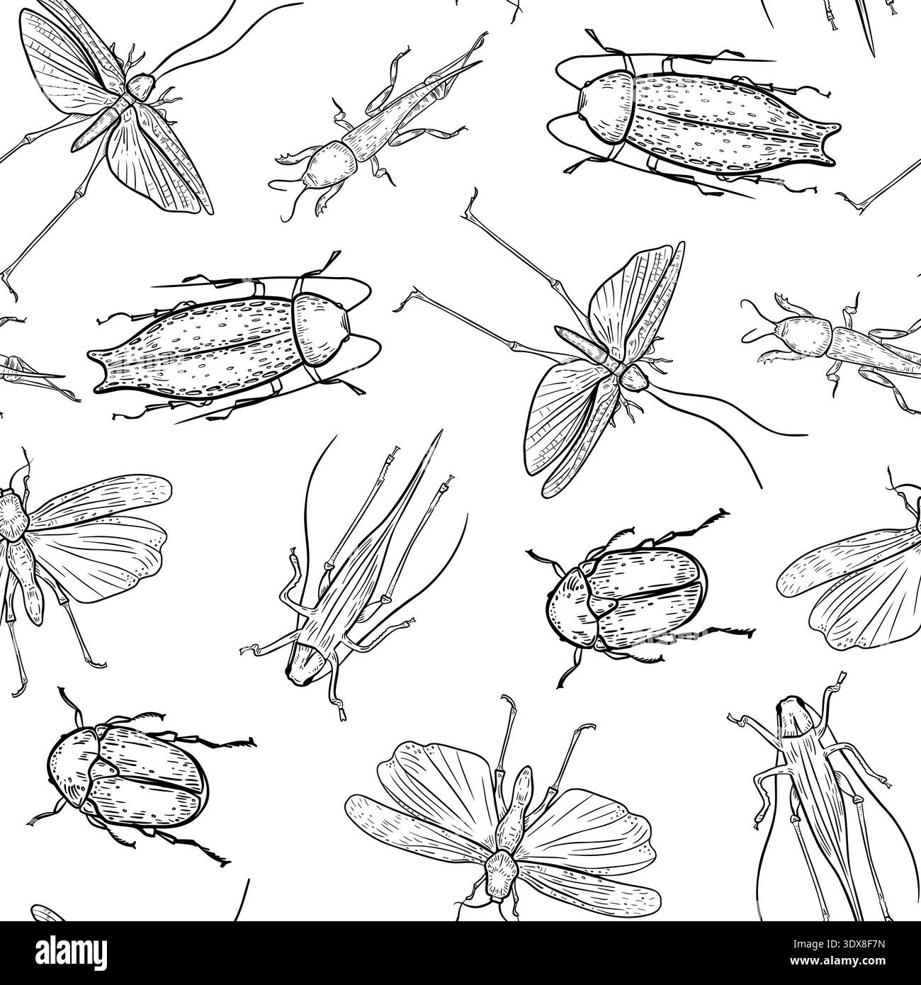 Vector seamless pattern with insects graphic sketch on white background ...