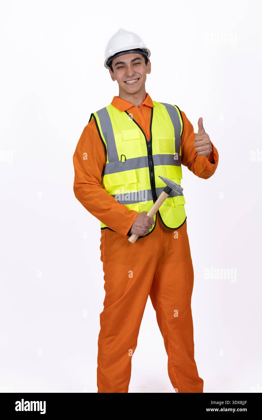 Worker in orange uniform with safety vest Stock Photo