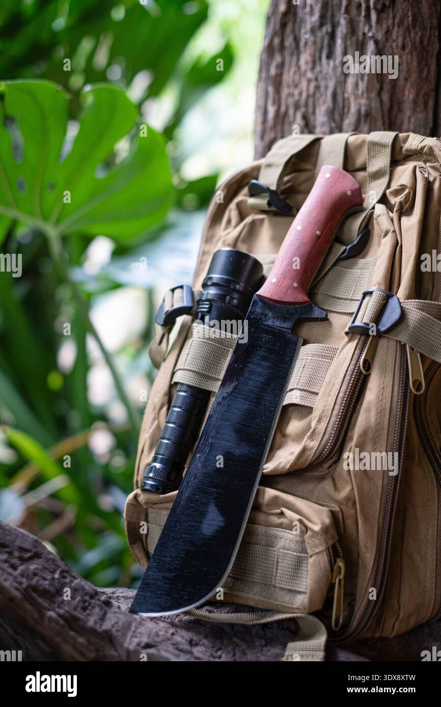 machete knife and a hiking backpack rest on a log. Stock Photo