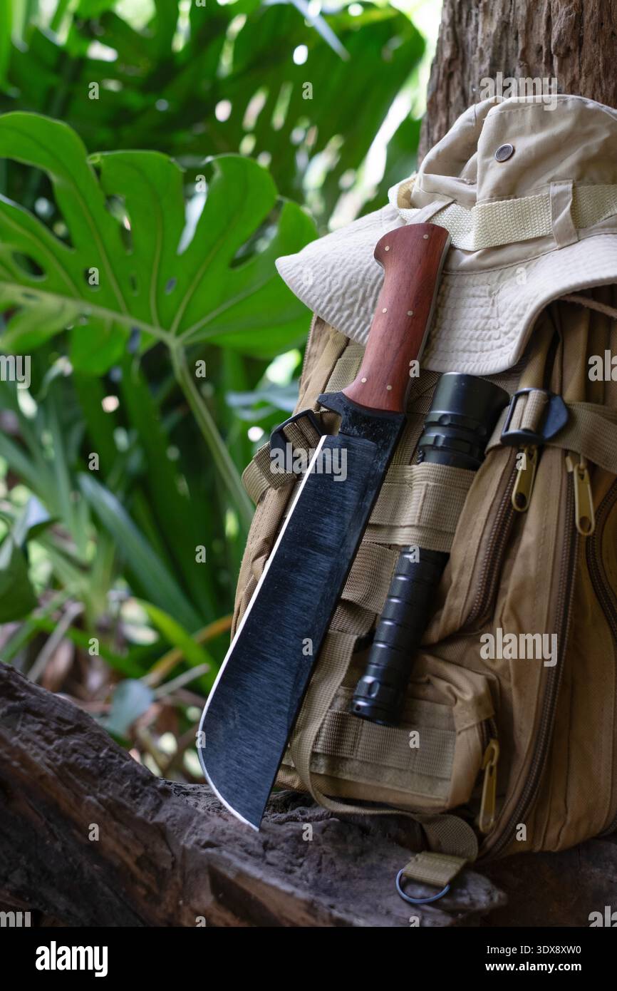 machete knife and a hiking backpack rest on a log. Stock Photo