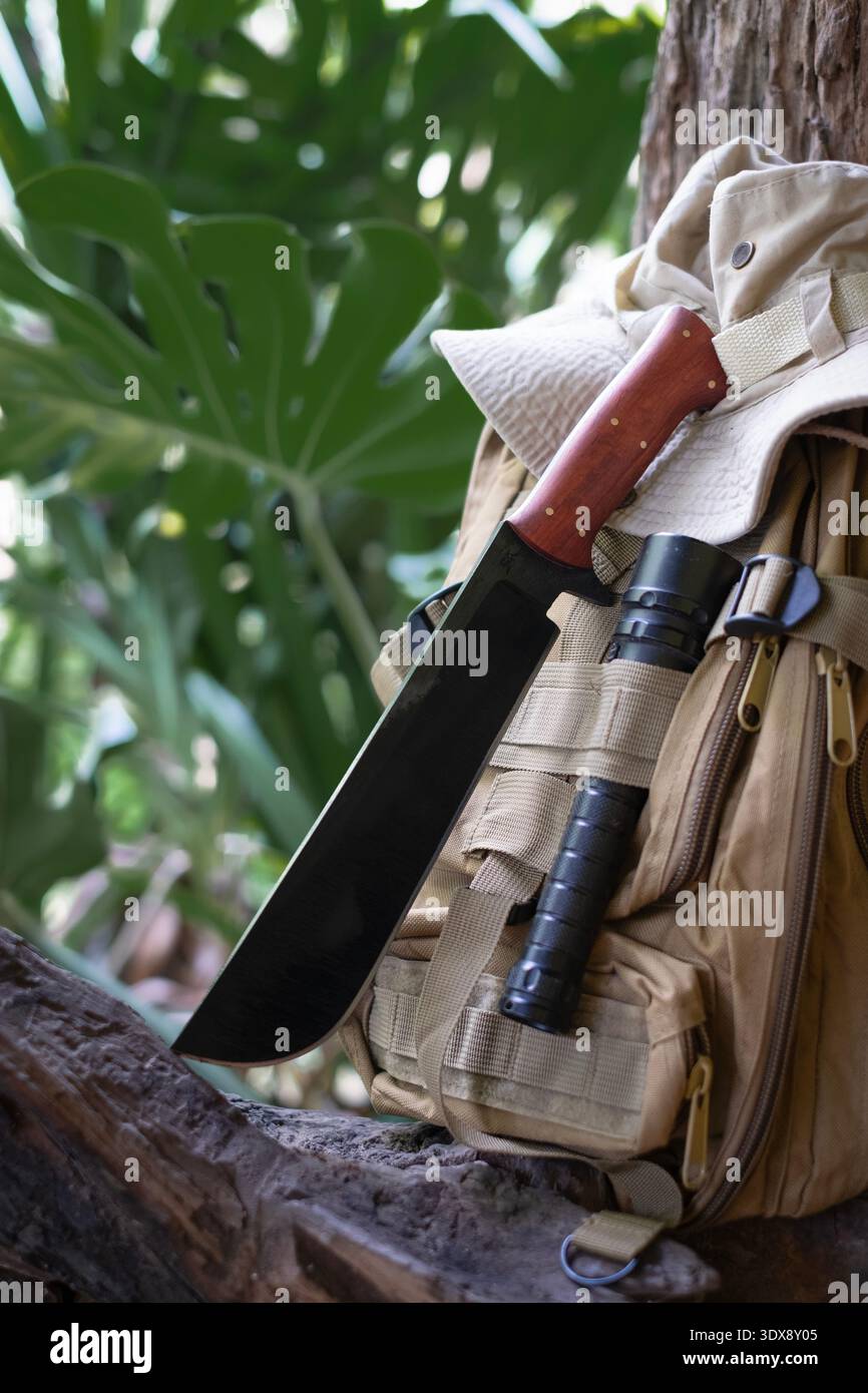 A machete knife and a hiking backpack rest on a log. Stock Photo