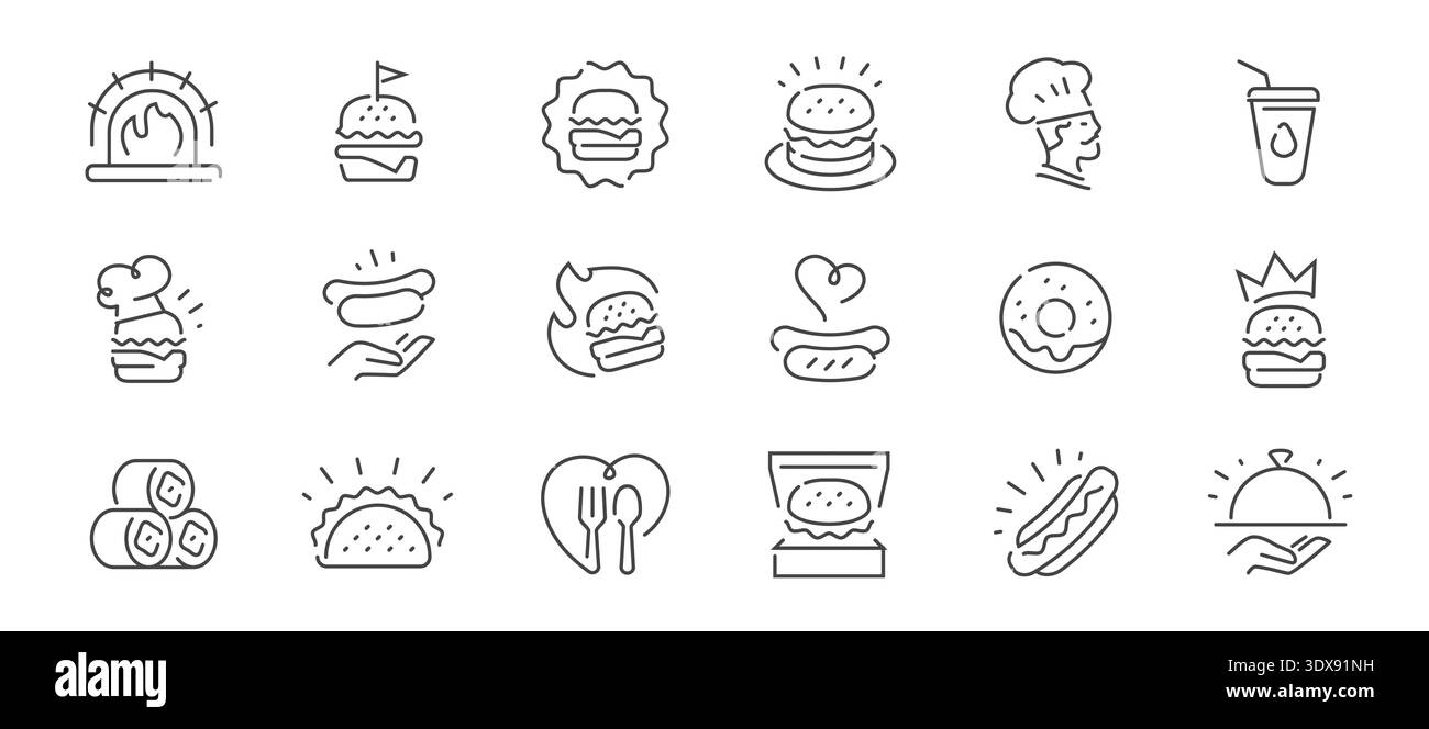 Fast food line icons set. Burger, hot dog, donut outline vector ...