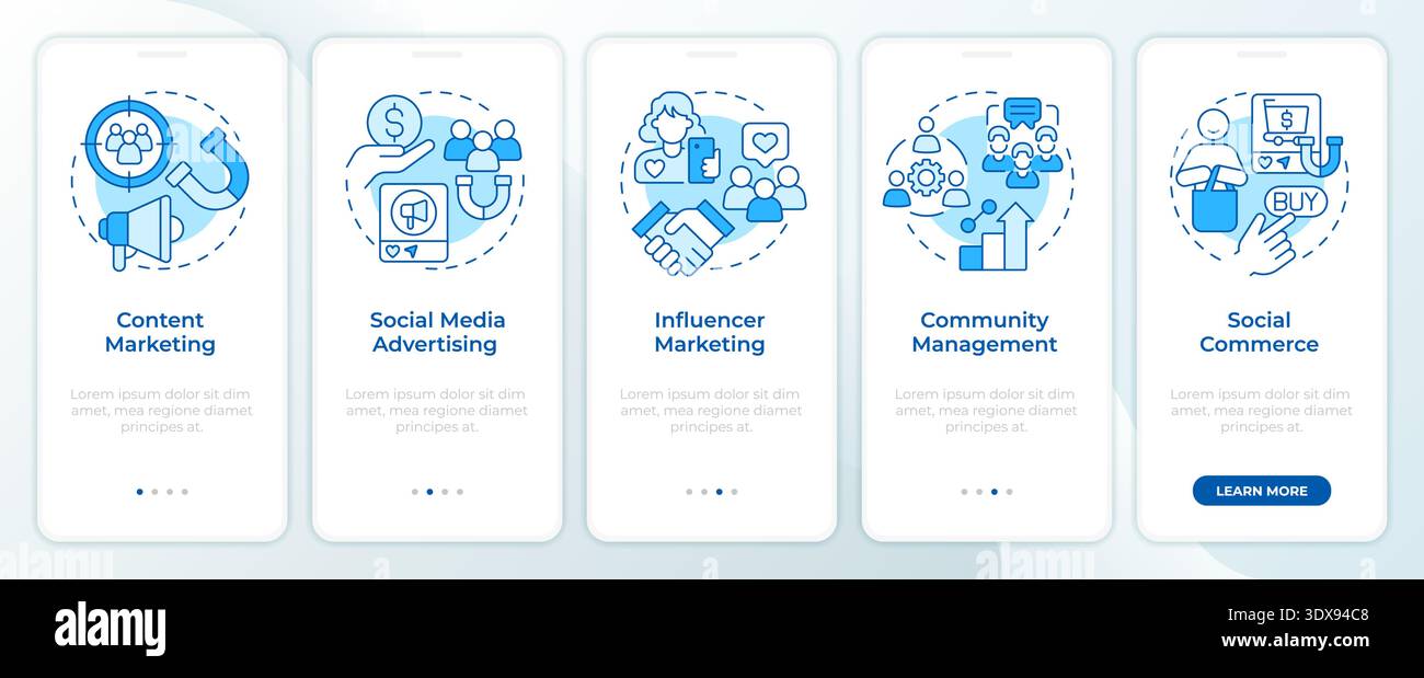 Content marketing channels blue onboarding mobile app screen Stock Vector